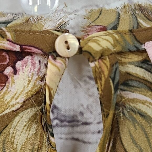 Philosophy Blouse Gold Floral Fringe Crewneck Long Sleeve Side Slit Boho Top - Picture 4 of 13